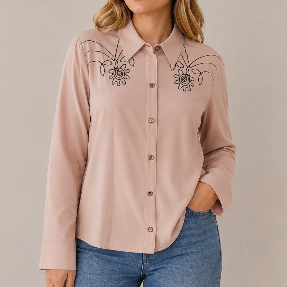 Kathy Che Stretch Women's Large Western Embroidered Button Up Blouse Pink